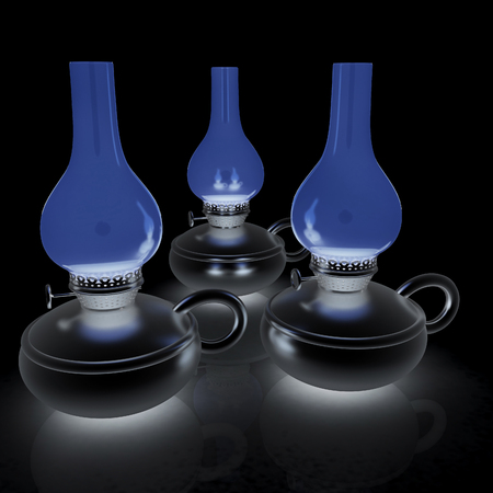 Old retro vintage kerosene lamp. 3d render. On a black background.の写真素材