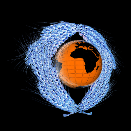 Wheat ears logo design with Earth. 3d render. On a black background.の写真素材