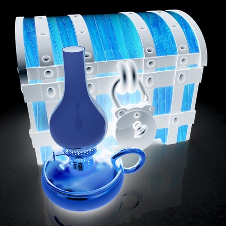 Retro kerosene lamp and old chest. 3d render. On a black background.の写真素材