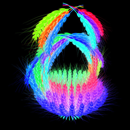 A colorful basket of wheat for Easter or Thanksgiving. 3d render. On a black background.の写真素材