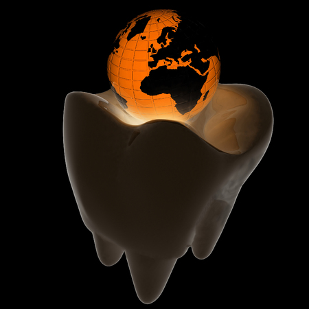 Tooth and Earth. 3d illustration. On a black background.の写真素材
