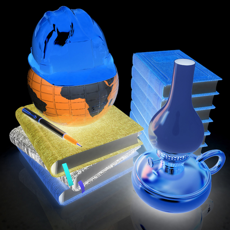Global of working concept with Earth, retro kerosene lamp, leather books, notebooks and hard hat from above. 3d render. On a black background.の写真素材