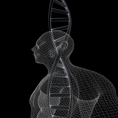 3D medical background with DNA strands and human. 3d render. On a black background.の写真素材