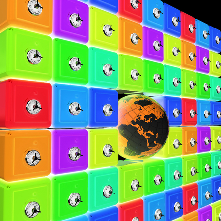 Earth and many safes. Global bancing online concept of money saving. 3d render. On a black background.の写真素材
