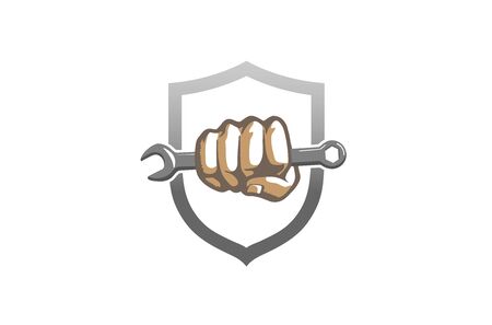 Creative Wrench Fist Shield Logo Design Symbol Vector Illustrationのイラスト素材