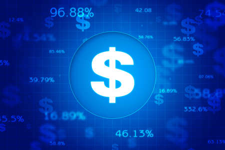 Abstract business background. Dollar sign surrounded by numbers and symbols in blue background.の写真素材