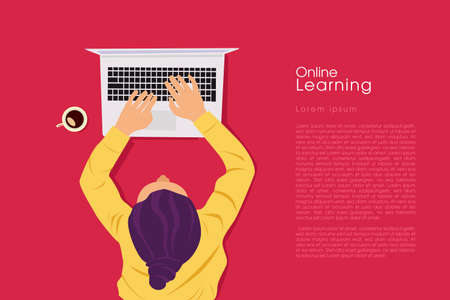 Student Learning Online at Home. Character lying on the floor, Looking at the Laptop and Studying. Online Education Concept. Flat Vector Illustration.のイラスト素材