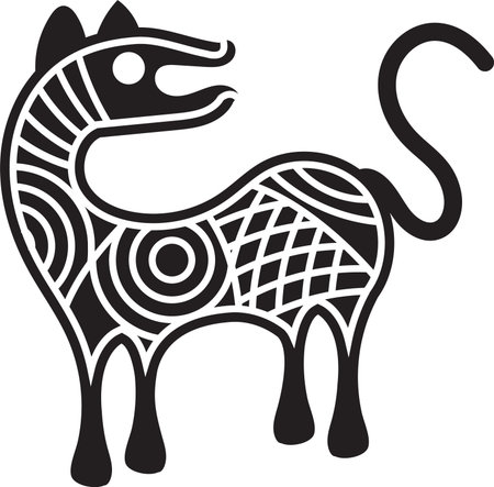 Black and white illustration of a dog in the shape of a horse. Indian folk artのイラスト素材
