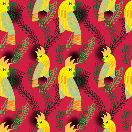 Seamless pattern with parrots and leaves. Vector illustration.の写真素材