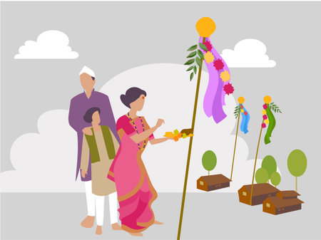Conceptual illustration of a Smart Indian young couple withÂ a kid performing Gudhi Padwa prayer in traditional clothes. India, Maharashtraのイラスト素材