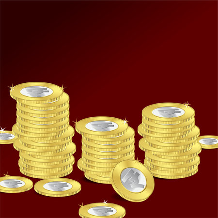 Stack of coins with Shiny golden Indian Rupee, currency symbol. Vector illustration isolated on white background.のイラスト素材