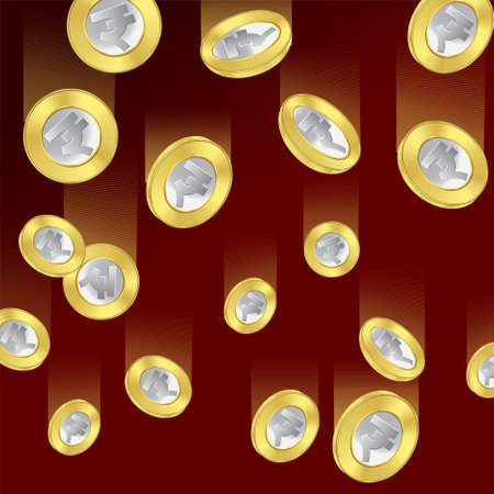raining Indian currency. rise of the Indian economy, or the growth of the rupee. 
Shiny golden Indian currency symbol. Vector illustration isolated on white background.のイラスト素材