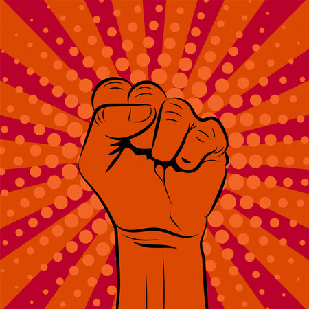 Fist hand up vector icon flat symbol, soviet, radical, patriotic freedom sticker, solidarity, uprising, propaganda, military, splashes.のイラスト素材
