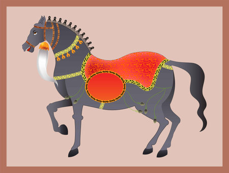 Horse painted in traditional Indian Mughal art painting style, vector illustration frame for wall paintingのイラスト素材