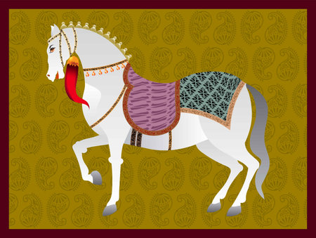 Horse painted in traditional Indian Mughal art painting style, vector illustration frame for wall paintingのイラスト素材