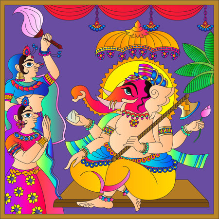 Illustration of Lord Ganpati/Ganesha drawn in Pinguli folk art style of Maharashtra India. for textile printing, logo, wallpaperのイラスト素材