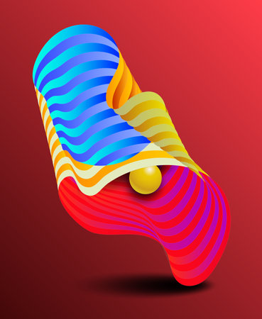 Abstract striped object with 3d sphere. bright colors. Vector illustration of an object with a wavy striped pattern. Modern cover concept. Decoration element for banner designのイラスト素材