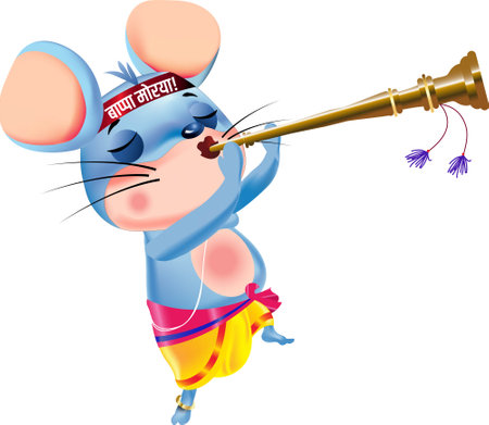 mouse, a vehicle of Lord Ganesha, Having a headband written 'lord Ganesha bless us' getting ready for India's  Festival Ganapati Festival, and serving Lord Ganesh as a Musician.のイラスト素材