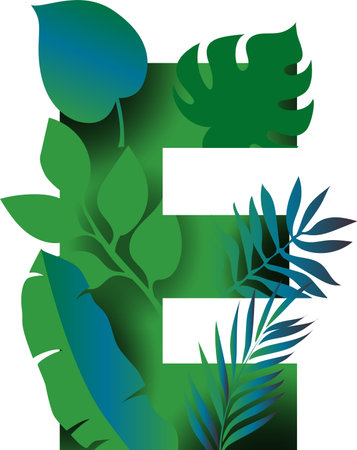 Vector illustration of letter E made of tropical leaves in flat style.のイラスト素材