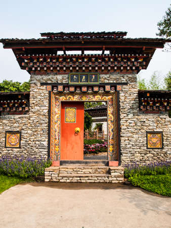 Bhutan traditional entrance gateの写真素材