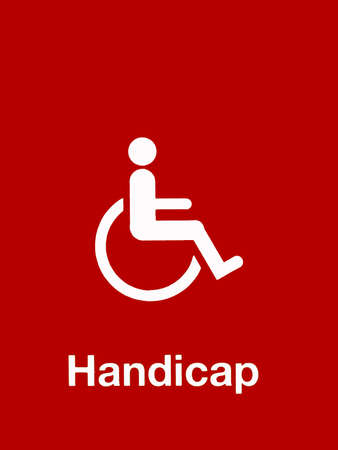 white handicap sign isolated on red backgroundの写真素材