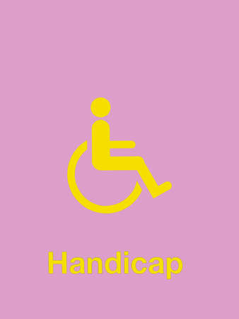 yellow handicap sign isolated on violet backgroundの写真素材