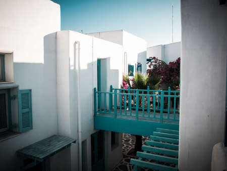 Light blue and white architecture  in Santorini. Greece in retro styleの写真素材