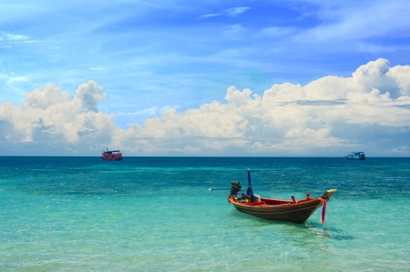 Colorful taxi boat in the tropical paradise sea, Koh Tao, Thailandの写真素材