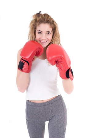 Kickboxing girl exercise in studio  Isolated on a white background  Studio shotの写真素材