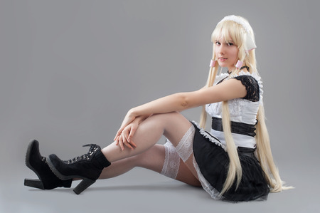 French Maid  Beautiful sexy blonde wearing french maid costumeの写真素材