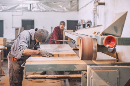 Carpenter using belt sander. Carpenter sanding a wood with belt sanderの写真素材