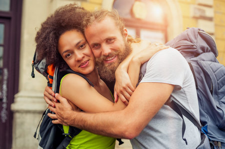 Closeup of beautiful couple of tourists in love enjoy their journey