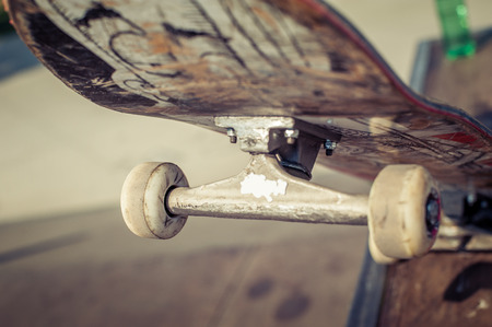 Close up of a skateboard wheel in skateparkの写真素材