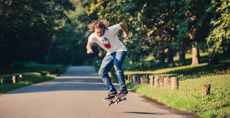 Action shot of a skateboarder skating, doing tricks and jumping on the road through the forest. Free riding skateboardの写真素材