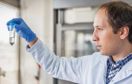 Male lab technician holding a test tube with sample in the medical or scientific laboratory