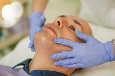 Relaxed man having a face massage and a peeling treatment at a beauty salon