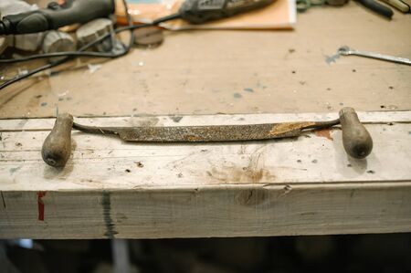 Old tools of carpentry for carving, smoothing or cutting wood, Close upの写真素材
