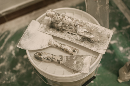 Set of assorted plaster trowel tools and spatula. Construction toolsの写真素材