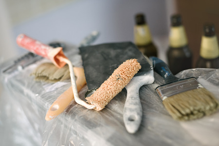 Set of assorted plaster trowel tools and spatula. Construction toolsの写真素材