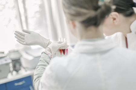 Two scientists holding a test tube with sample in the medical or scientific laboratoryの写真素材