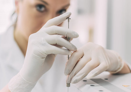 Portrait of female researcher doing research in a chemistry lab. Gas chromatograph analyzer