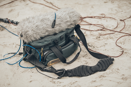 Behind the scene. Equipment for voice and sound recording on outdoor locationの写真素材