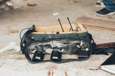 Behind the scene. Equipment for voice and sound recording on outdoor locationの写真素材