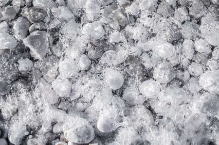 Sea pebbles on the beach under a layer of transparent water. Close-up shotの写真素材