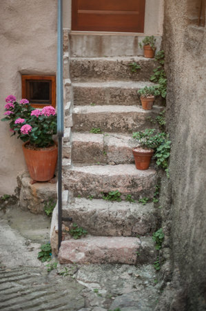 Stone stairs with flower pots in the mediterranean old townの写真素材