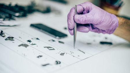 Technician with tweezers carries parts of the mobile phone during the service. Closeup