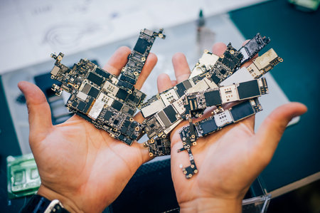 The technician shows the motherboards of mobile phones. Closeup