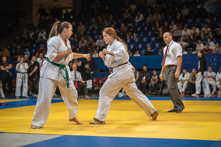 BELGRADE, SERBIA - 30. SEPTEMBER 2017. Kyokushin Karate Tournament Fight. Kyokushin Belgrade Trophy 2017 in Sumice Sport Center Arena in organization of KYOKUSHINKAI FEDERATION OF SERBIAのeditorial素材