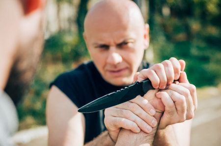 Kapap instructor demonstrates martial arts self defense knife attack disarming technique against...