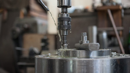Automatic heavy industrial drill bit machine cooled with water to prevent from overheating while...